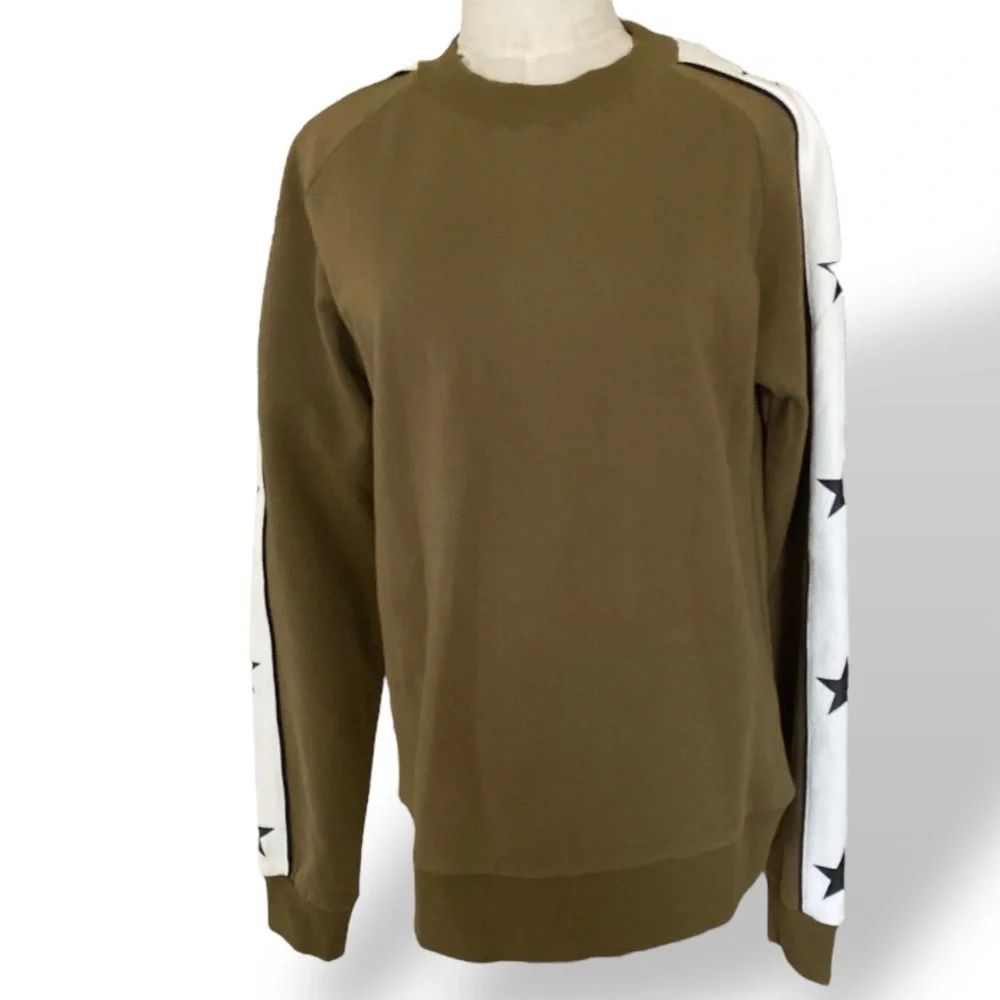 ELLANDEMM Crewneck Sweatshirt White Stripes Black Star Sleeve Detail Olive Green